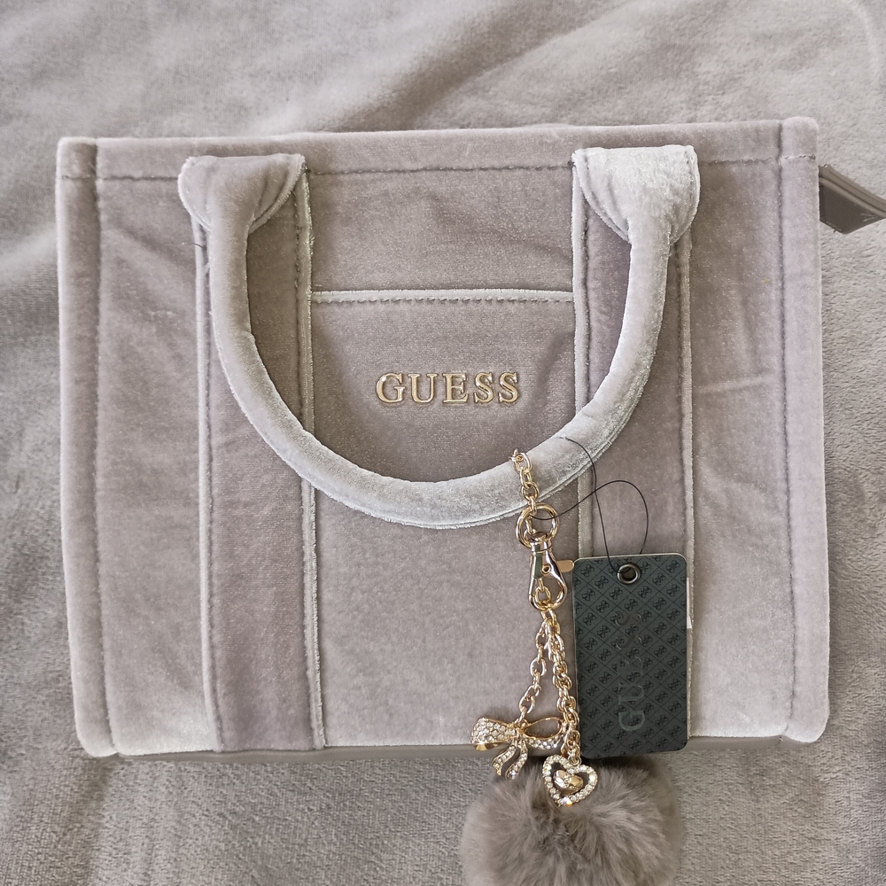 GUESS Cream Velvet Tote with Gold Accents NWT